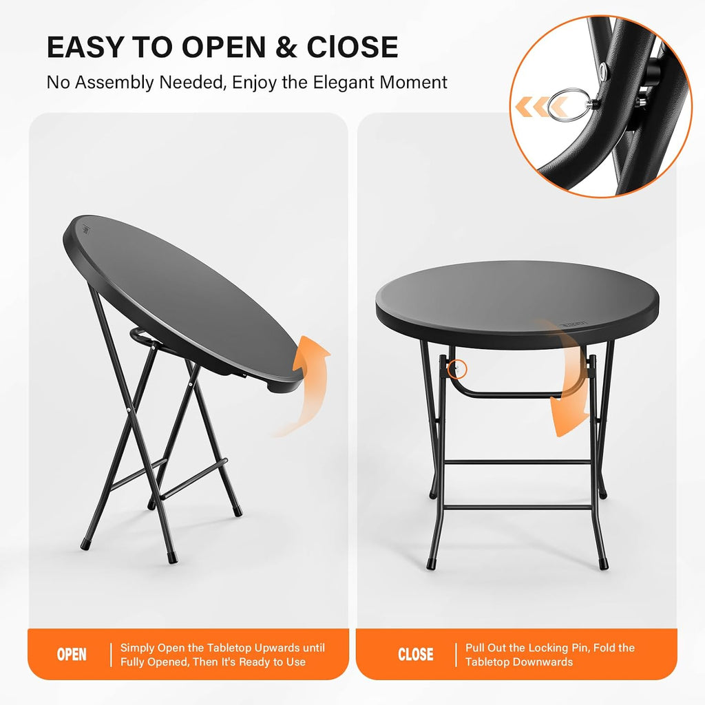Bonnlo Round Folding Table 32 inch, HDPE Plastic Small Tabletop with Steel Frame Foldable Card Table for Indoor Outdoor Outside Dining, Party and Commercial Event, Black
