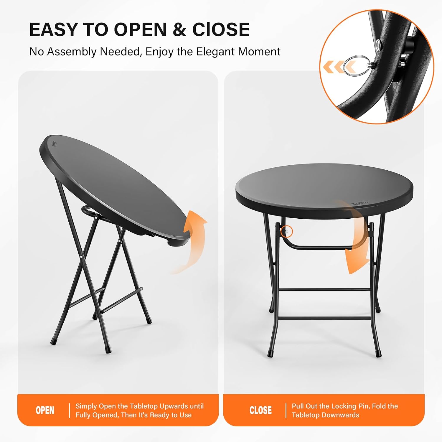 Bonnlo Round Folding Table 32 inch, HDPE Plastic Small Tabletop with Steel Frame Foldable Card Table for Indoor Outdoor Outside Dining, Party and Commercial Event, Black
