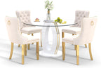 RGZ Modern 39" Clear Glass Round Dining Table Set, 5 PCS Luxury Circle Glass Top Kitchen Table with Gold Decorative Strips & 4 Beige High-end Tufted Chairs for Apartment Home Dining(White Base)