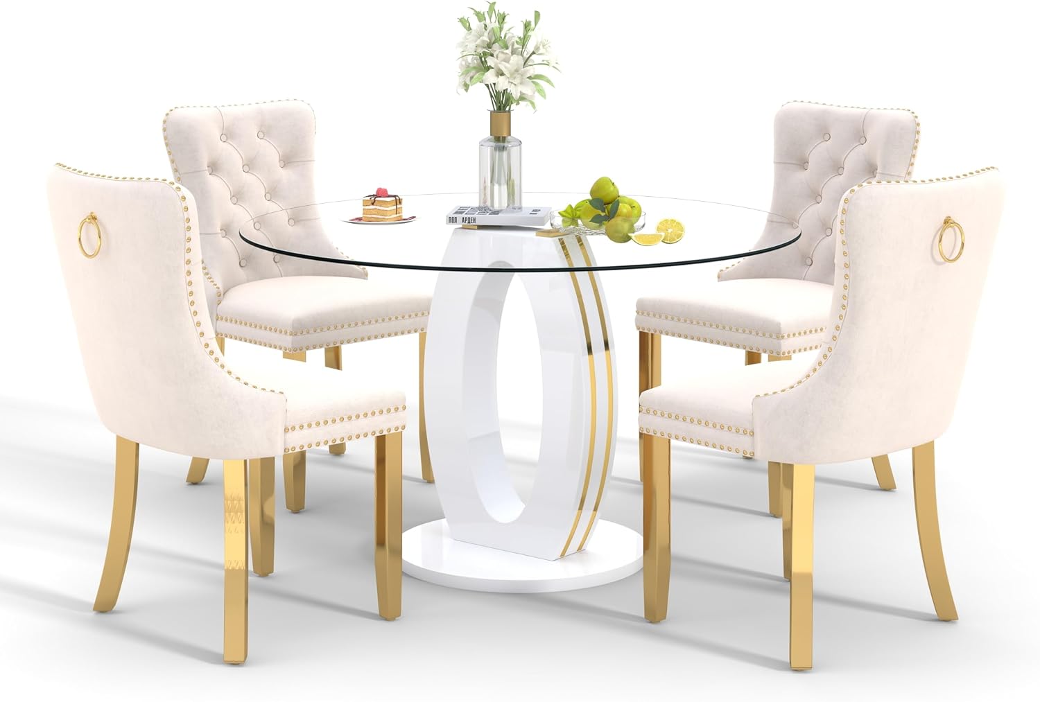 RGZ Modern 39" Clear Glass Round Dining Table Set, 5 PCS Luxury Circle Glass Top Kitchen Table with Gold Decorative Strips & 4 Beige High-end Tufted Chairs for Apartment Home Dining(White Base)