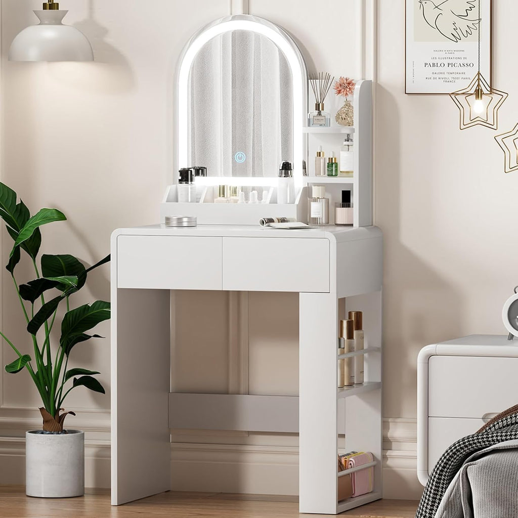 Vanity, Small Vanity Desk with Mirror and Lights, Side Shelf Storage Space, Compact Girls Dressing Table in Bedroom, Modern Round Curved Design, White