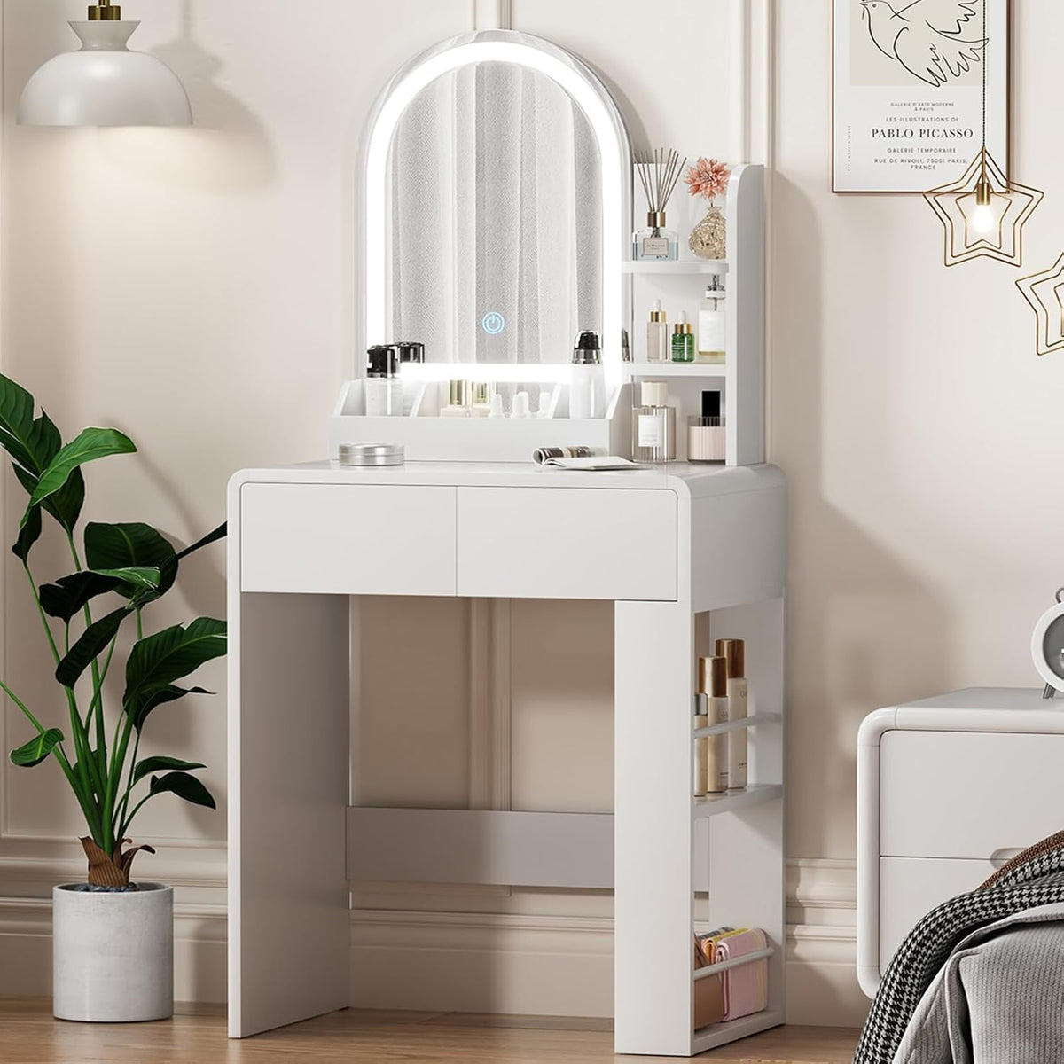Vanity, Small Vanity Desk with Mirror and Lights, Side Shelf Storage Space, Compact Girls Dressing Table in Bedroom, Modern Round Curved Design, White