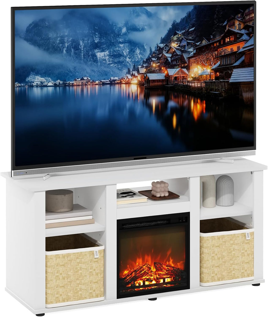 Furinno Jensen Fireplace TV Stand, Entertainment Center, TV Console for TV up to 55 Inch with Fireplace and Open Storage Compartment, for Living Room, Bedroom, Solid White