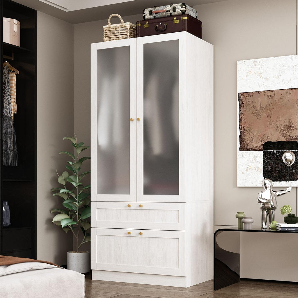 MOUMON Modern Wardrobe with Drawers, Bedroom Armoires with Frosted Glass Doors and Hanging Rod, Armoire Wardrobe Closet with Gold Knobs, Wood Grain 31.5" W x 19.9" D x 70.9" H