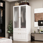 MOUMON Modern Wardrobe with Drawers, Bedroom Armoires with Frosted Glass Doors and Hanging Rod, Armoire Wardrobe Closet with Gold Knobs, Wood Grain 31.5" W x 19.9" D x 70.9" H