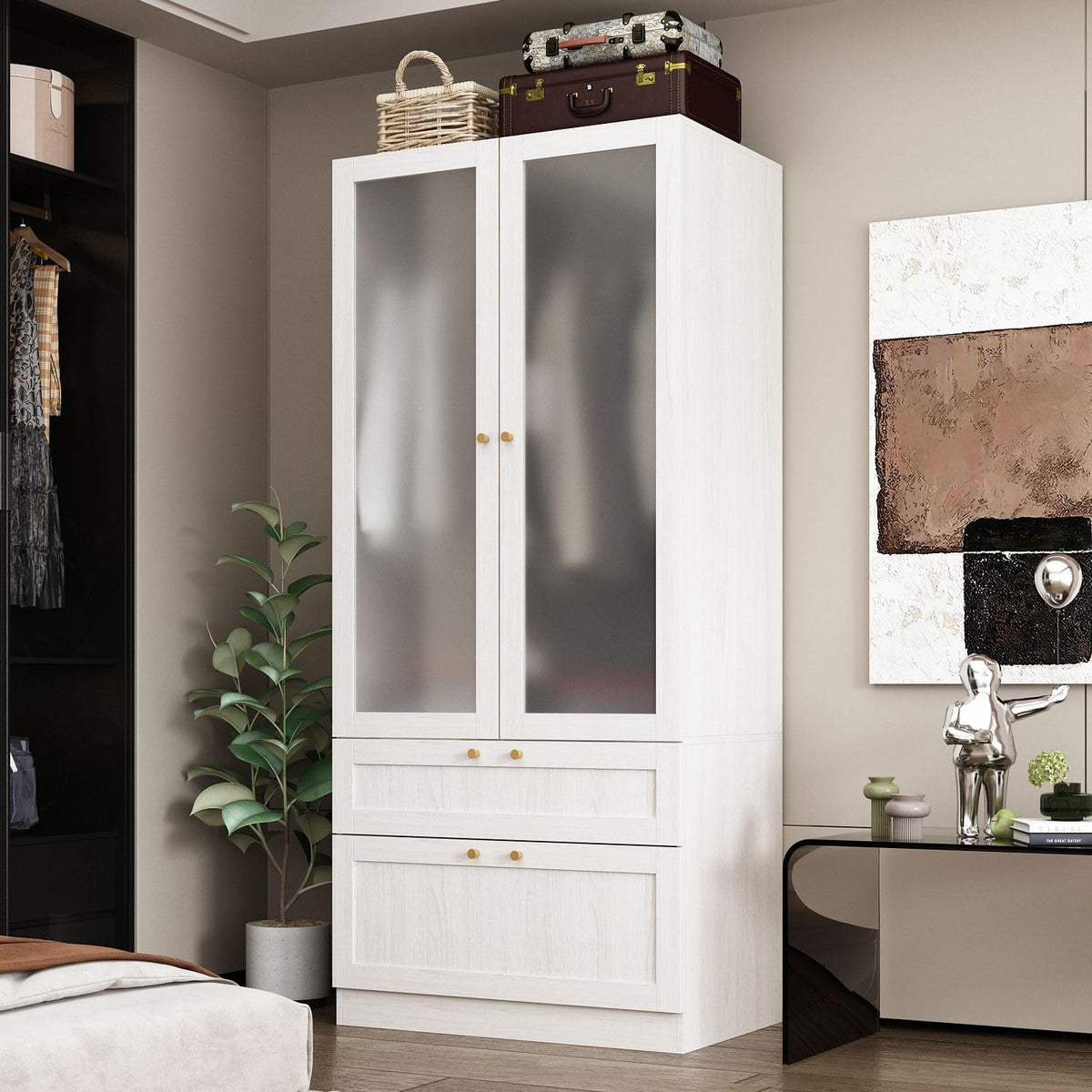 MOUMON Modern Wardrobe with Drawers, Bedroom Armoires with Frosted Glass Doors and Hanging Rod, Armoire Wardrobe Closet with Gold Knobs, Wood Grain 31.5" W x 19.9" D x 70.9" H