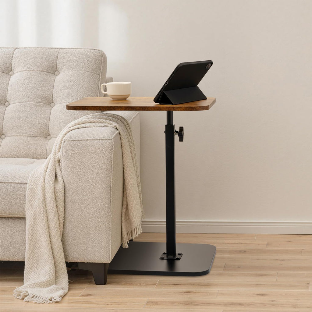 ZEAPTAC C-Shaped Side Table, 360° Swivel Height Adjustable, Lightweight Portable TV Tray Snack End Table for Couch Sofa Bed Small Spaces-Dark Brown Wood