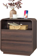 Standifurno Modern Walnut Nightstand, 25" Tall Wooden Bedside Table with Charging Station, 2 Storage Drawers Side Table Curved Profile, Handleless, Large End Table Night Stand for Bedroom, Office