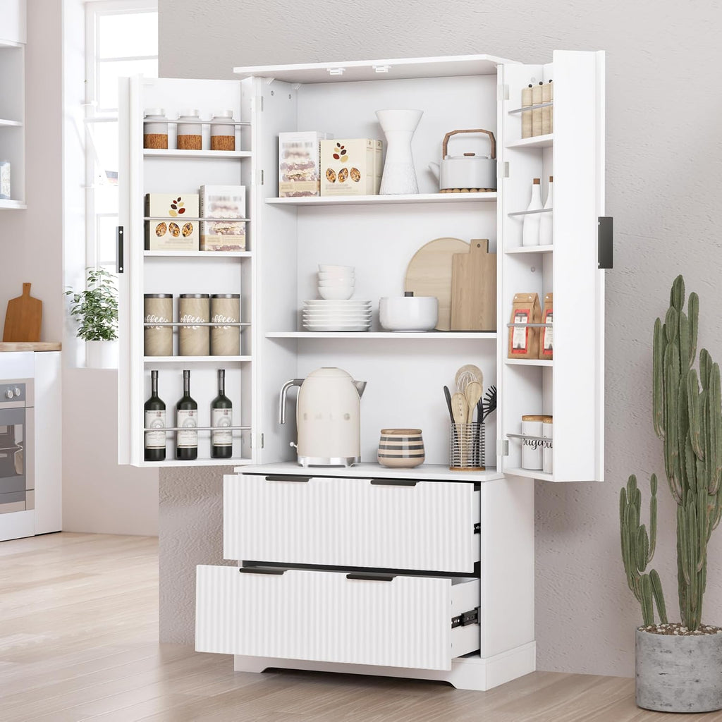 roomfitters 72" Tall Fluted Kitchen Pantry Cabinet with 2 Large Deep Drawers & 8 Door Spice Racks, White