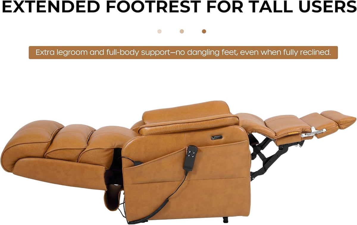 DYNOX 400 LBS Genuine Leather Big Tall Man Large-Wide Power Dual Motor Lift Recliners Chairs for Elderly, Lay Flat with Heat, Massage & Extended Footrest(9298L,Camel)