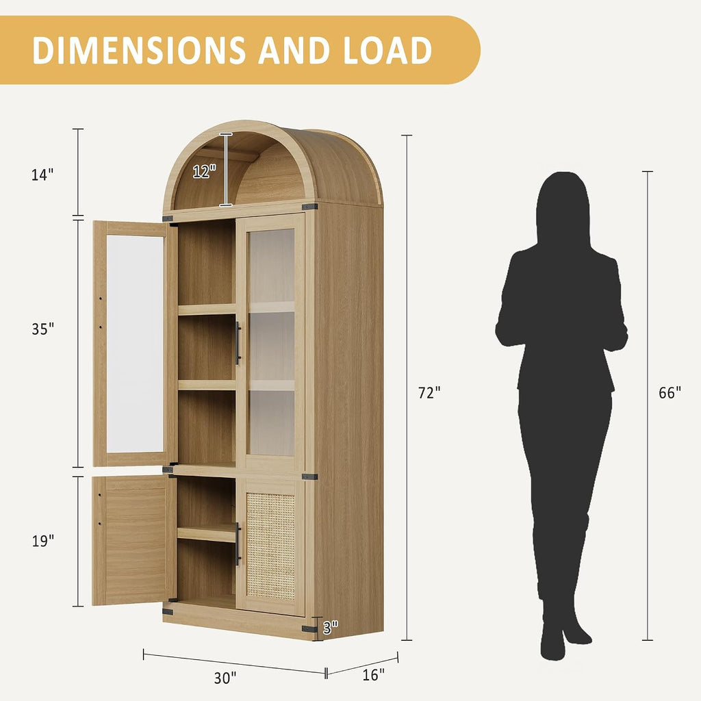Kitchen Pantry Cabinet, Arched Bookcase with Doors, Wooden Display Cabinet with Storage Shelves, Farmhouse Bookcase for Living Room, Kitchen, Dining Room & Office