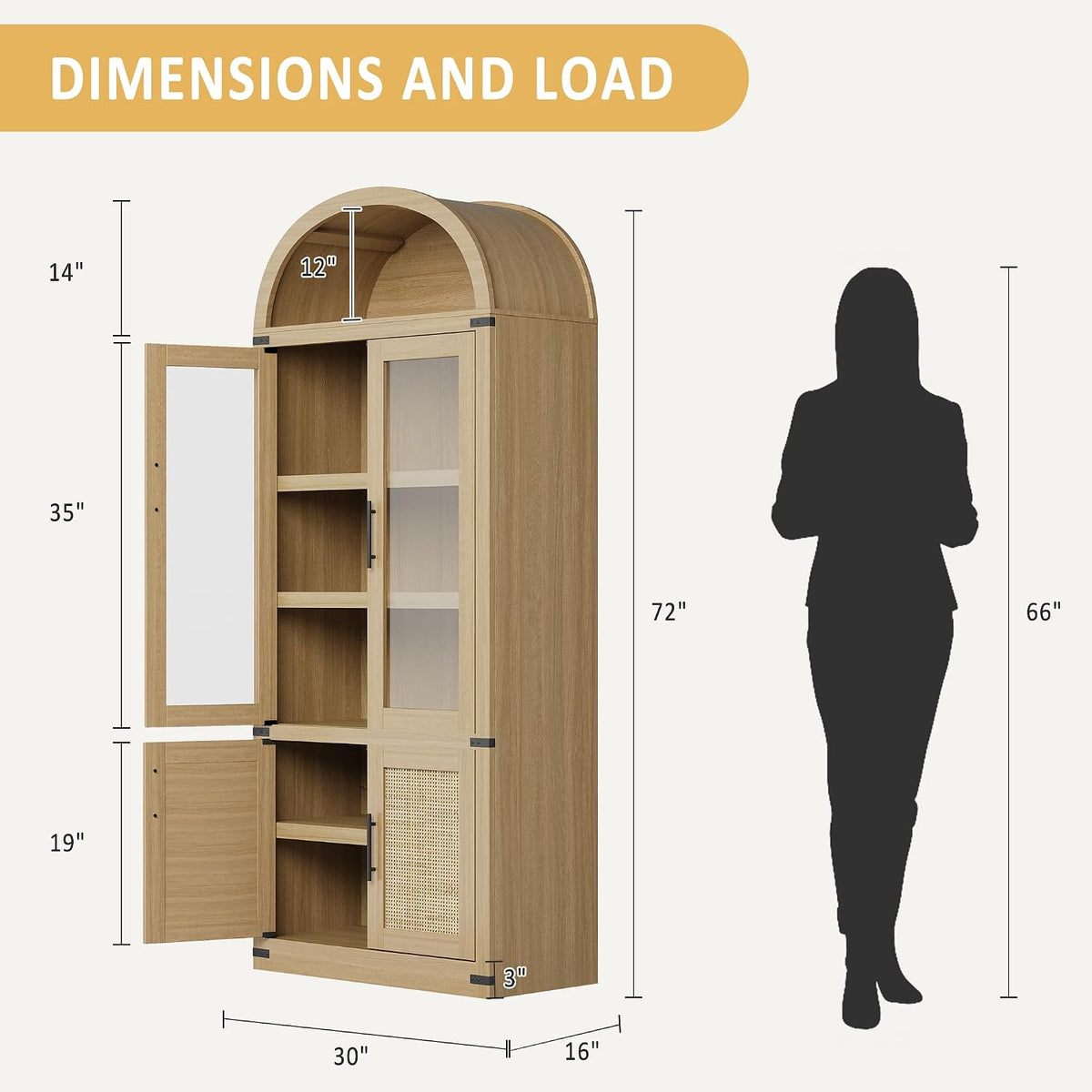Kitchen Pantry Cabinet, Arched Bookcase with Doors, Wooden Display Cabinet with Storage Shelves, Farmhouse Bookcase for Living Room, Kitchen, Dining Room & Office