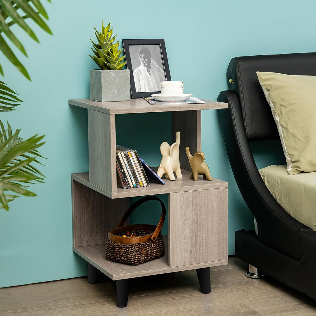 Giantex End Table, Wood Nightstand with Legs, Accent Sofa Side Table Open Storage Shelves, Small Bookcase for for Living Room Bedroom Study Room (Light Grey)