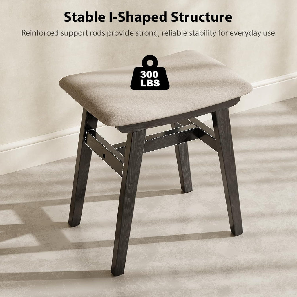 Muwuele Solid Wood Vanity Stool, Compact Makeup Chair with Saddle Cushion, Linen-Covered High Rebound Sponge Seat, Easy Assembly Footstool for Bedroom, Entryway, Home, Black