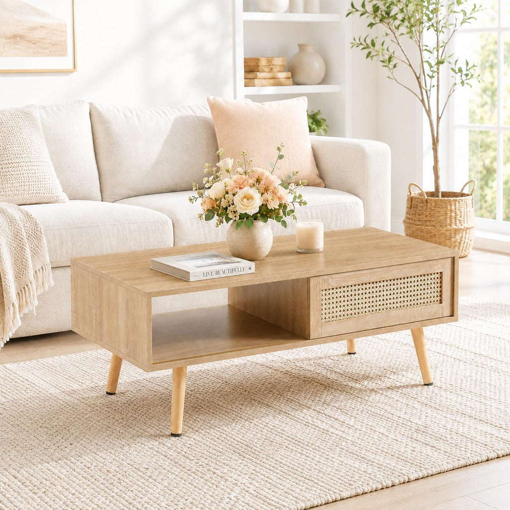 Boho Coffee Table & TV Stand Set of 2, Sliding Door Storage, Natural | Boho Entertainment Center Sturdy Frame, Natural TV Console Coffee Table with Sliding Door, Living Room Storage, Easy Assembly