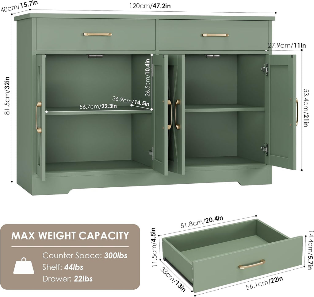 HOSTACK Buffet Cabinet with Storage, 47.2" Kitchen Sideboard Buffet with Drawers, Modern Farmhouse Coffee Bar Station with Shelves, Barn Doors Storage Cabinet for Living Room, Green
