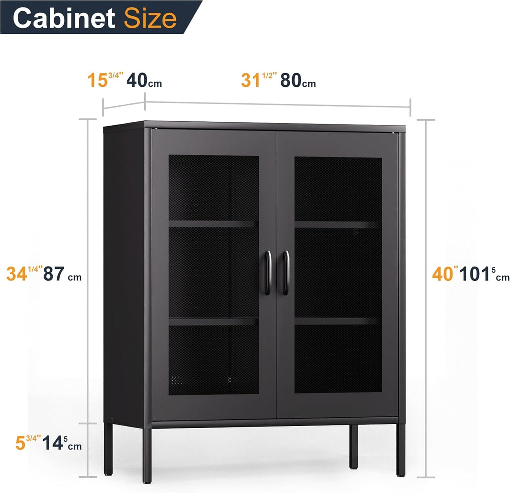 QINPTWUT 40" Industrial Storage Pantry, Kitchen Storage Cabinet with Mesh Door, 2 Adjustable Shelves, Freestanding for Kitchen, Dining Room,Bedroom, Workshop, Office, Garage (Black, 40")