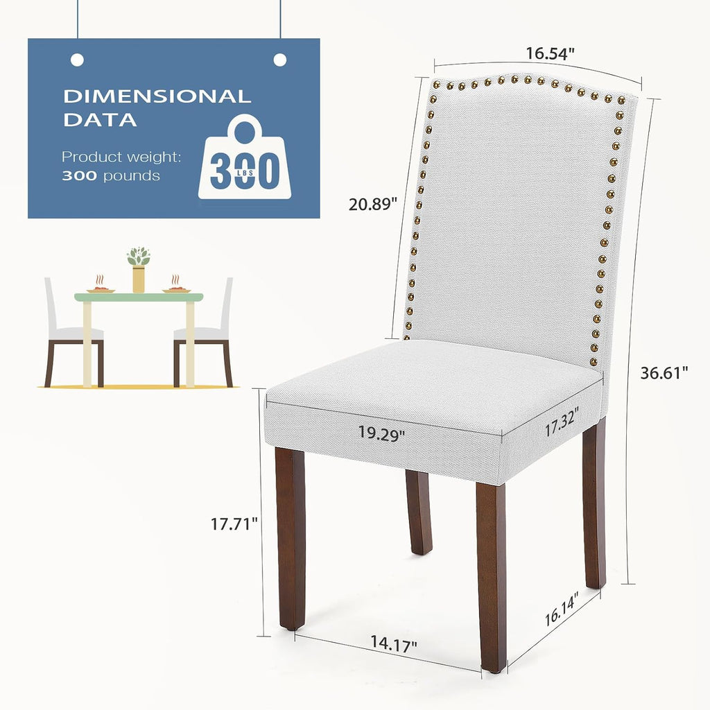DUMOS Upholstered Dining Chairs Set of 6, Farmhouse Fabric Dining Room Kitchen Chair with Nailhead Trim and Wood Legs, Modern High Back Side Chairs for Living Room, Light Grey