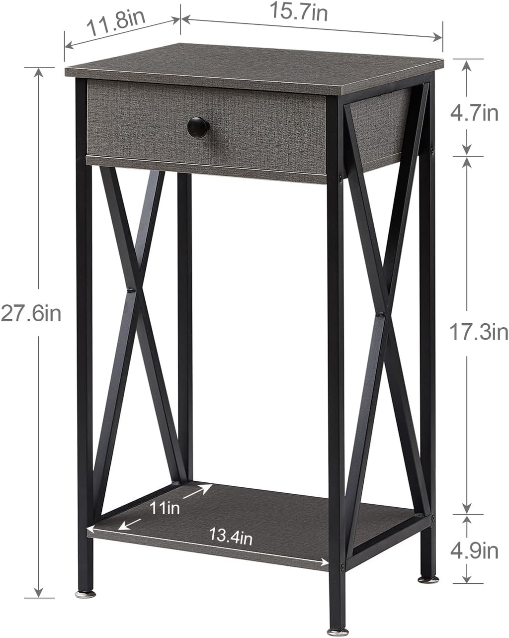 VECELO Tall Nightstand,27.6 inch Wooden End Table with Metal X-Frame,Side Table with Drawer and Storage Shelf for Living Room Bedroom Entryway Small Spaces