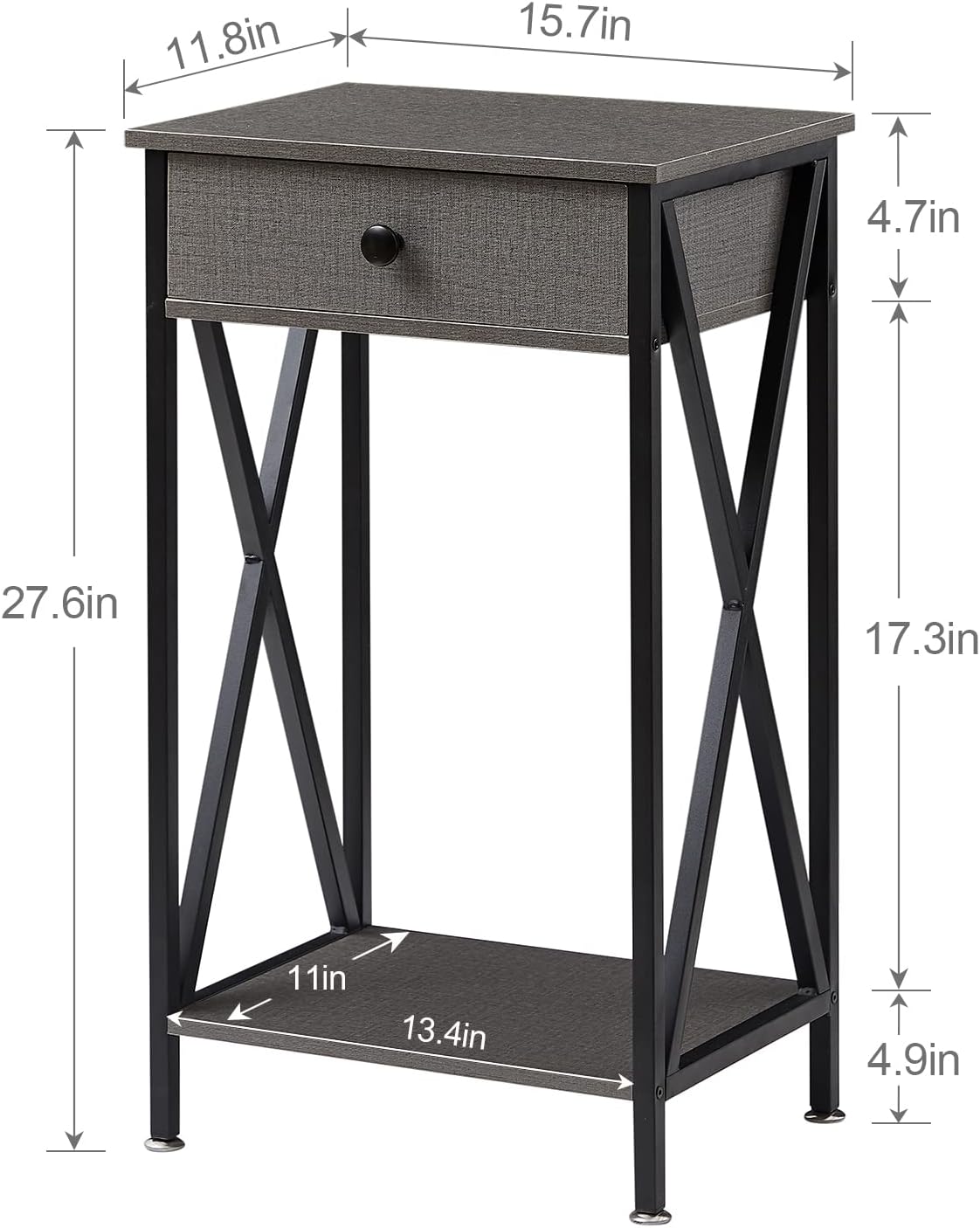 VECELO Tall Nightstand,27.6 inch Wooden End Table with Metal X-Frame,Side Table with Drawer and Storage Shelf for Living Room Bedroom Entryway Small Spaces