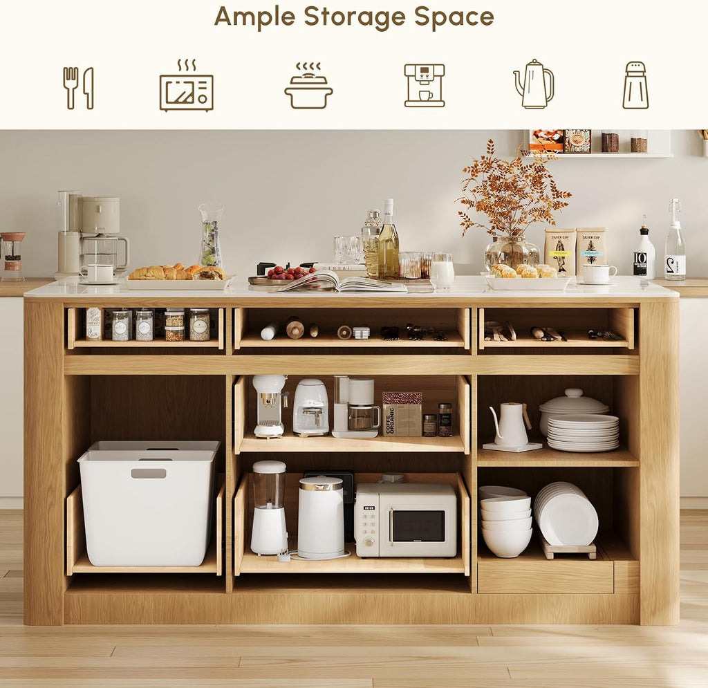 homary Kitchen Island with Storage with Sintered Stone Top, Solid Rubberwood Base with Ash Veneer, 72" Large Stationary Kitchen Cabinet with 5 Drawers, Trash Storage & Shelves, Modern Fluted Design