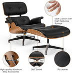 Top Black PU Leather, Mid Century Chaise Lounge Chair and Ottoman, Modern Chair Classic Design, Walnut Wood, Heavy Duty Base Support for Living Room Office