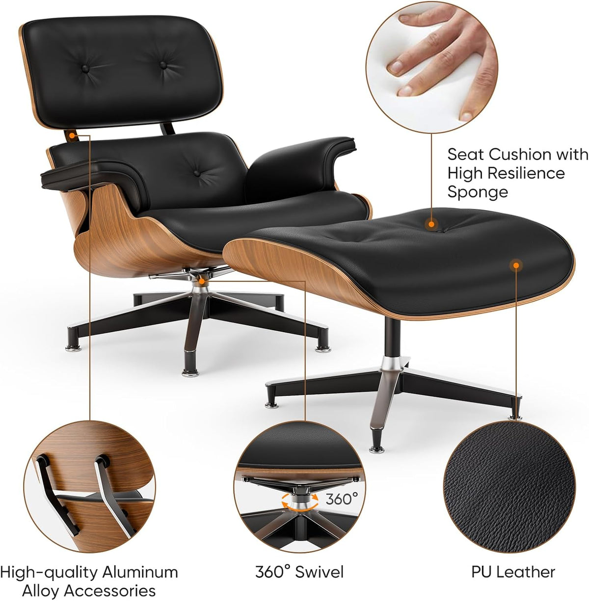 Top Black PU Leather, Mid Century Chaise Lounge Chair and Ottoman, Modern Chair Classic Design, Walnut Wood, Heavy Duty Base Support for Living Room Office