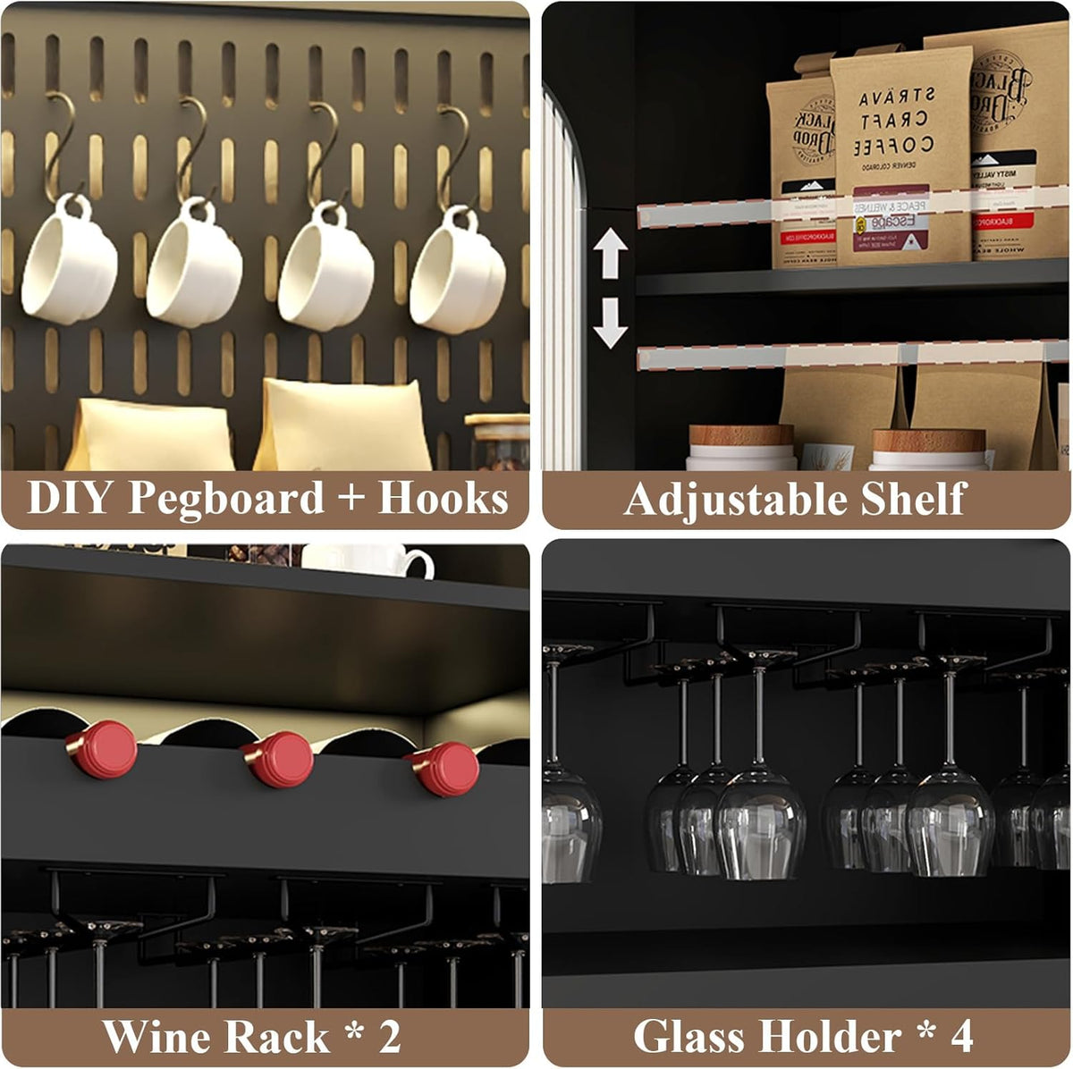 71'' Tall Kitchen Pantry Storage Cabinet, Modern Kitchen Hutches Storage Cabinet with Countertop, LED Black Pantry Cabinet with Wine & Glass Rack, 47'' Extra Wide Pantries with DIY Pegboard & Drawers