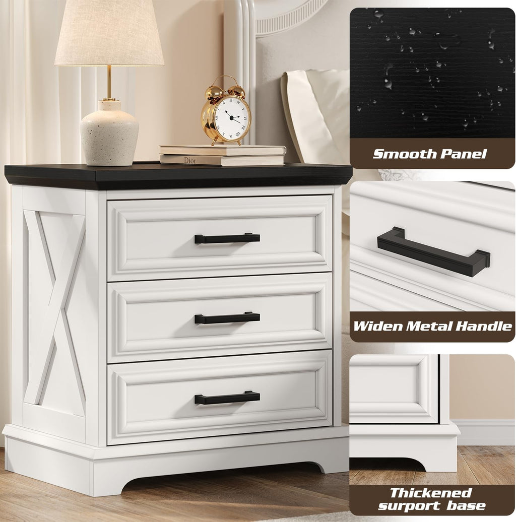 knoworld 24 Inch Wide Farmhouse Nightstands Set of 2 with Charging Station, White Nightstand with 3 Large Drawers, Rustic Wood End Table for Bedroom