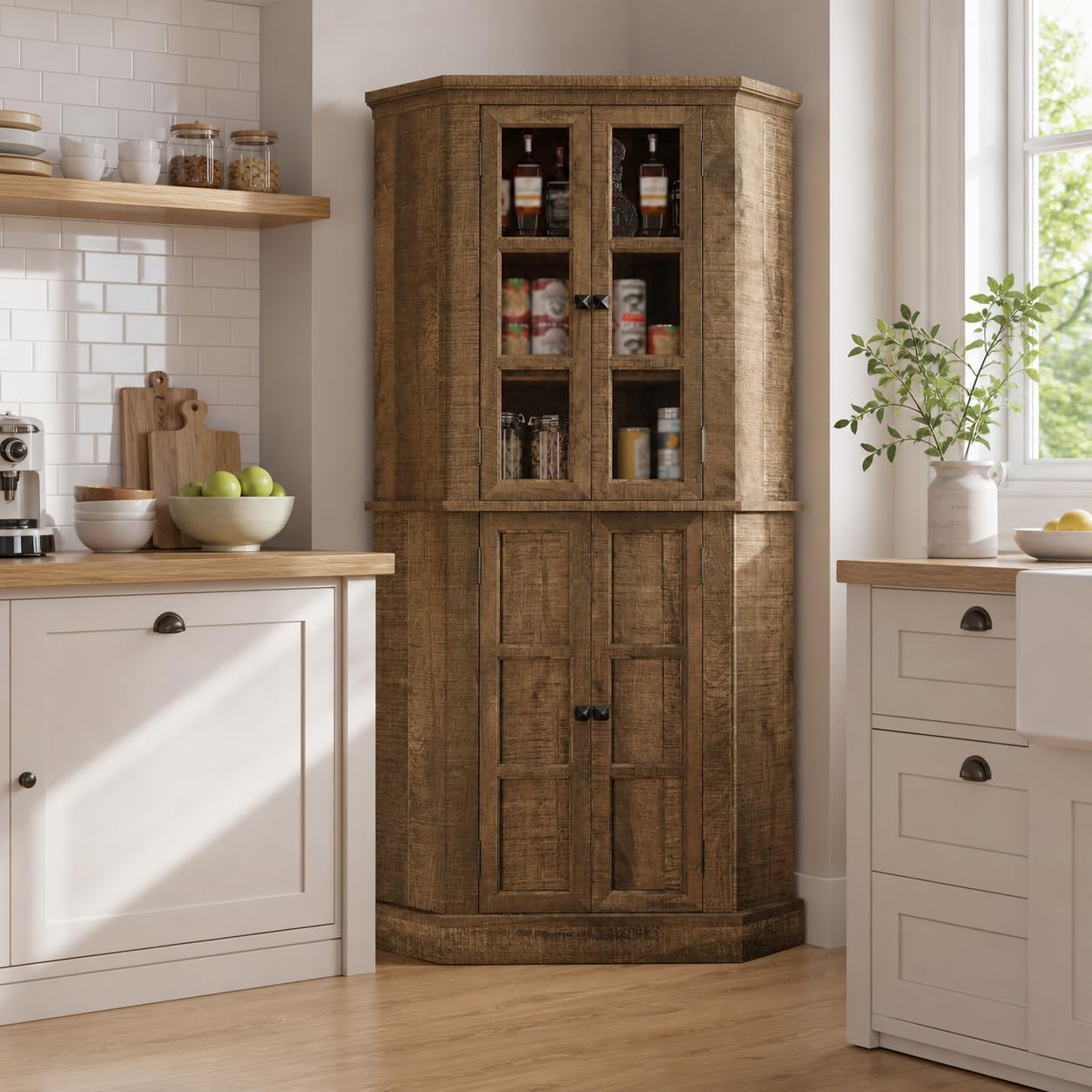 Betterhood Corner Cabinet, 67" Tall Kitchen Pantry Storage Cabinet with Glass Doors and Adjustable Shelves, Freestanding Food Pantry Farmhouse Furniture for Kitchen,Living Room, Rustic Brown