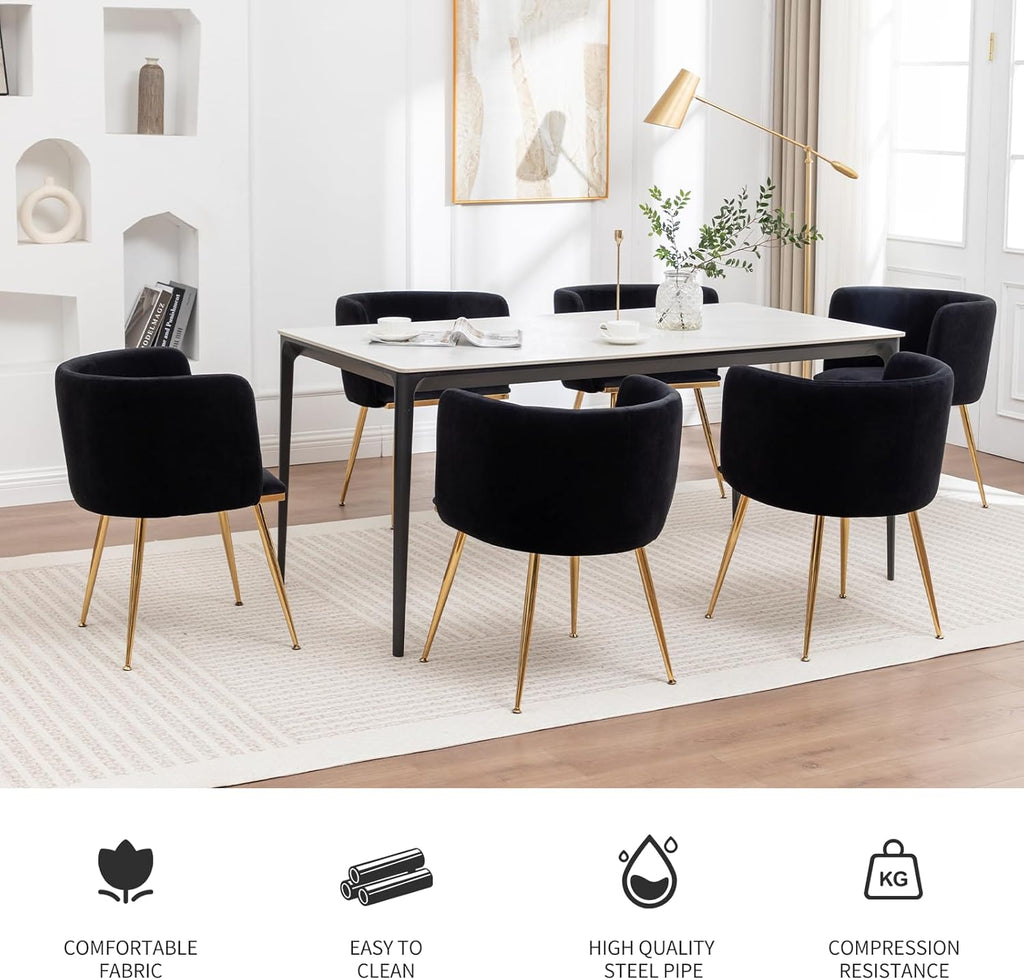 Canxkun Velvet Dining Chairs Set of 4, Barrel Dining Chairs with Gold Metal Legs, Modern Upholstered Dining Room Chair for Dining Room, Kitchen, Vanity (Black)