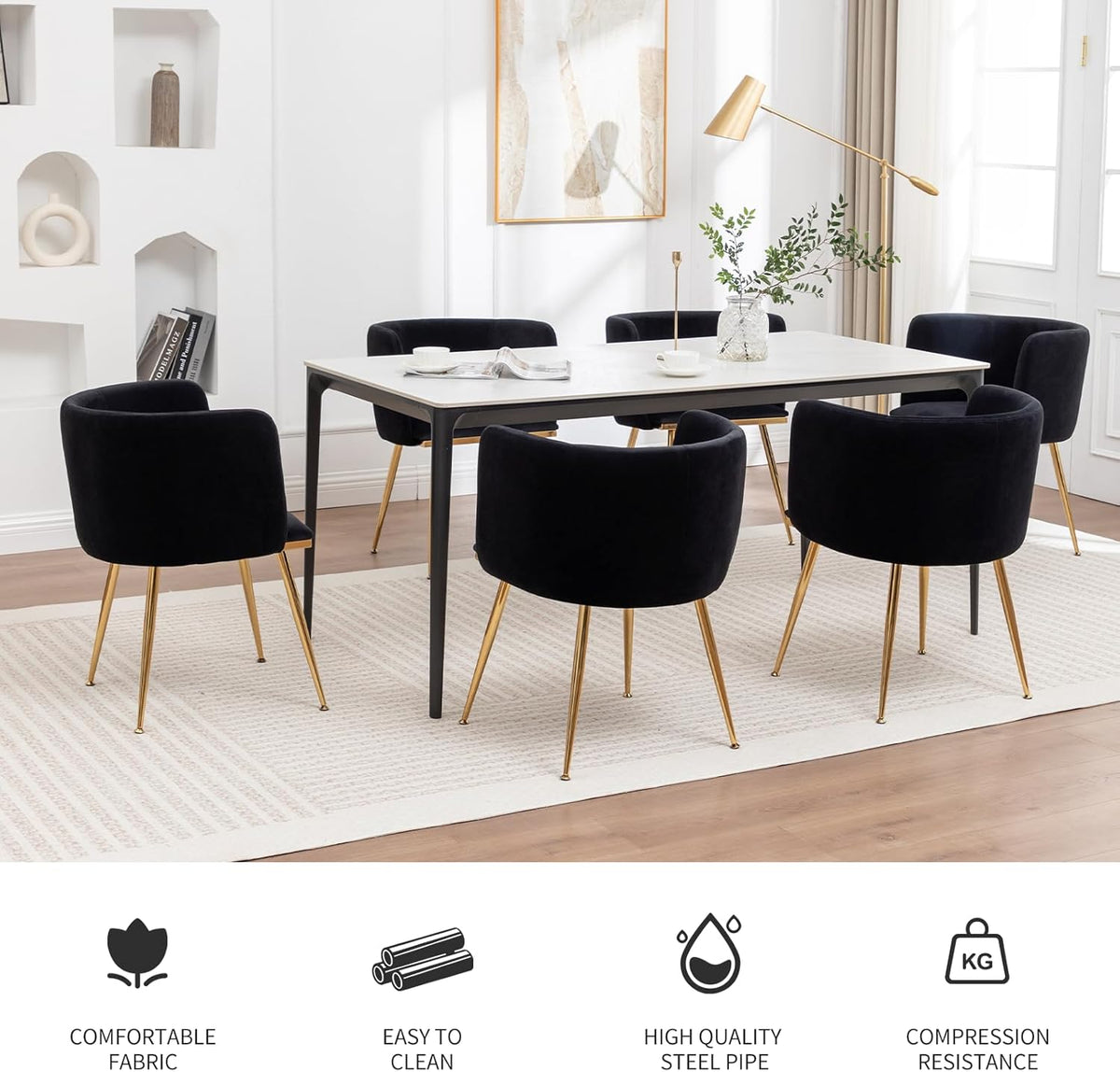 Canxkun Velvet Dining Chairs Set of 4, Barrel Dining Chairs with Gold Metal Legs, Modern Upholstered Dining Room Chair for Dining Room, Kitchen, Vanity (Black)