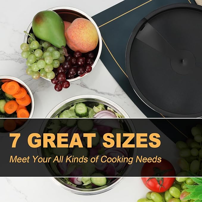 7 Piece Mixing Bowl Set, Mixing Bowls with Lid, Stainless Steel Mixing Bowls for Baking, Size 0.7, 1.1, 1.5, 2.1, 3.5, 4, 4.5QT, Baking Bowl for Food Preparation, Mixing and Serving Foods