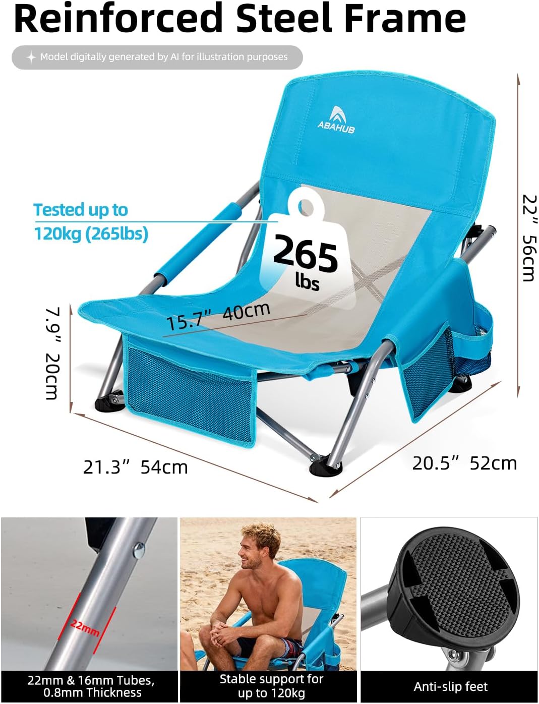 Abahub Beach Chair Low/High Back with Carry Bag Lightweight Comfortable Portable Outdoor Camping Chair Blue Low 1 Pack