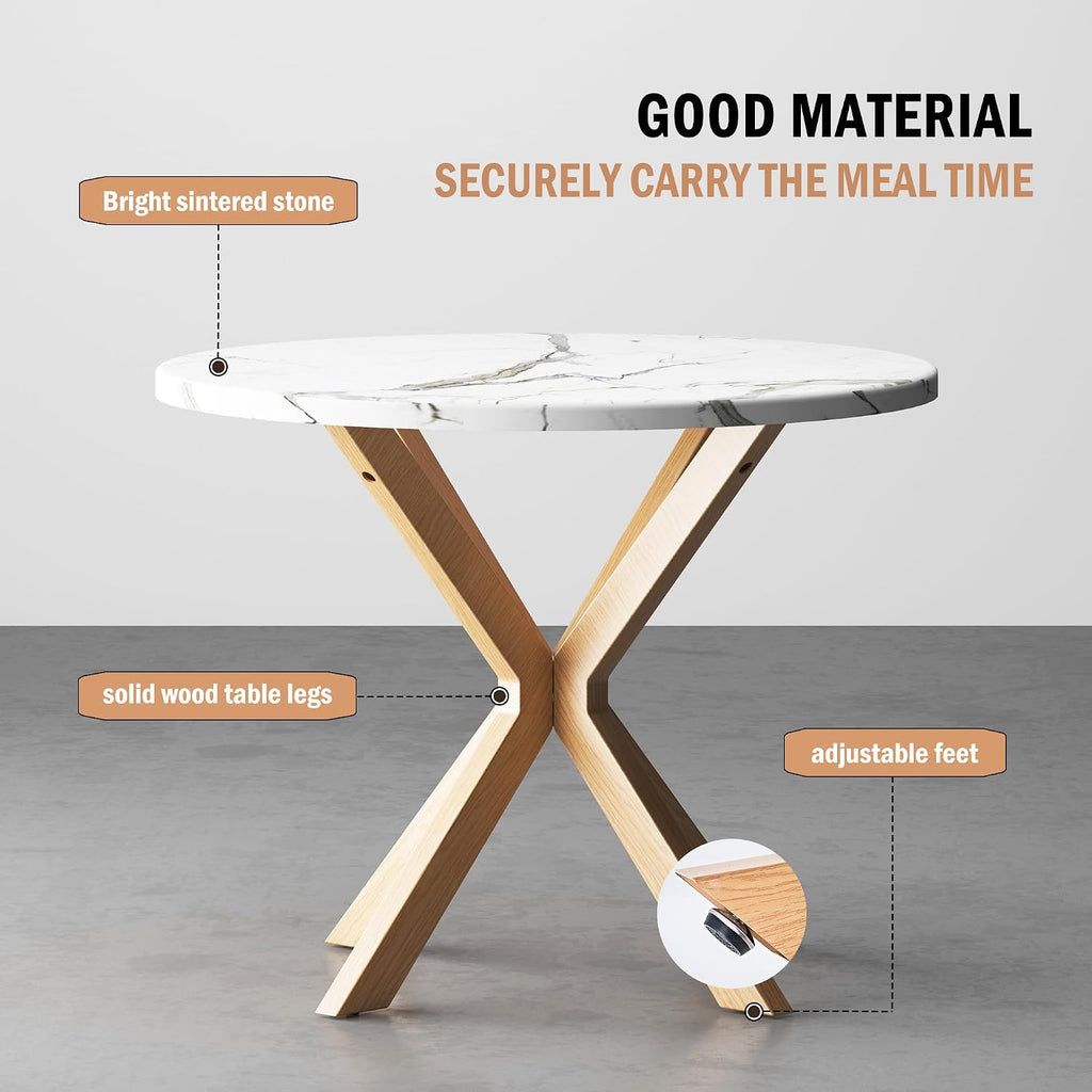 DlandHome Round Dining Table for 4, 39.4 Inches Kitchen Table with X Shaped Wooden Pedestal Base, Circle Dinner Tables for Dining Room, Kitchen, Living Room(Table Only), Marble & Oak Color