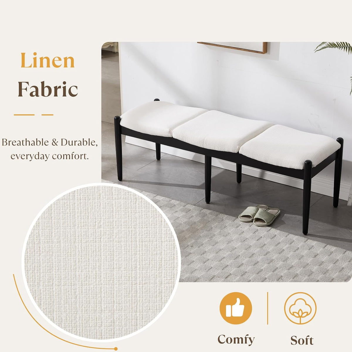 CIMOTA Modern Linen End of Bed Bench, Upholstered Bedroom Ottoman Bench Entryway Bench for Hallway/Dress Room/Living Room, Window Ottoman Bench with Solid Wood Legs, 54 Inch Long, White