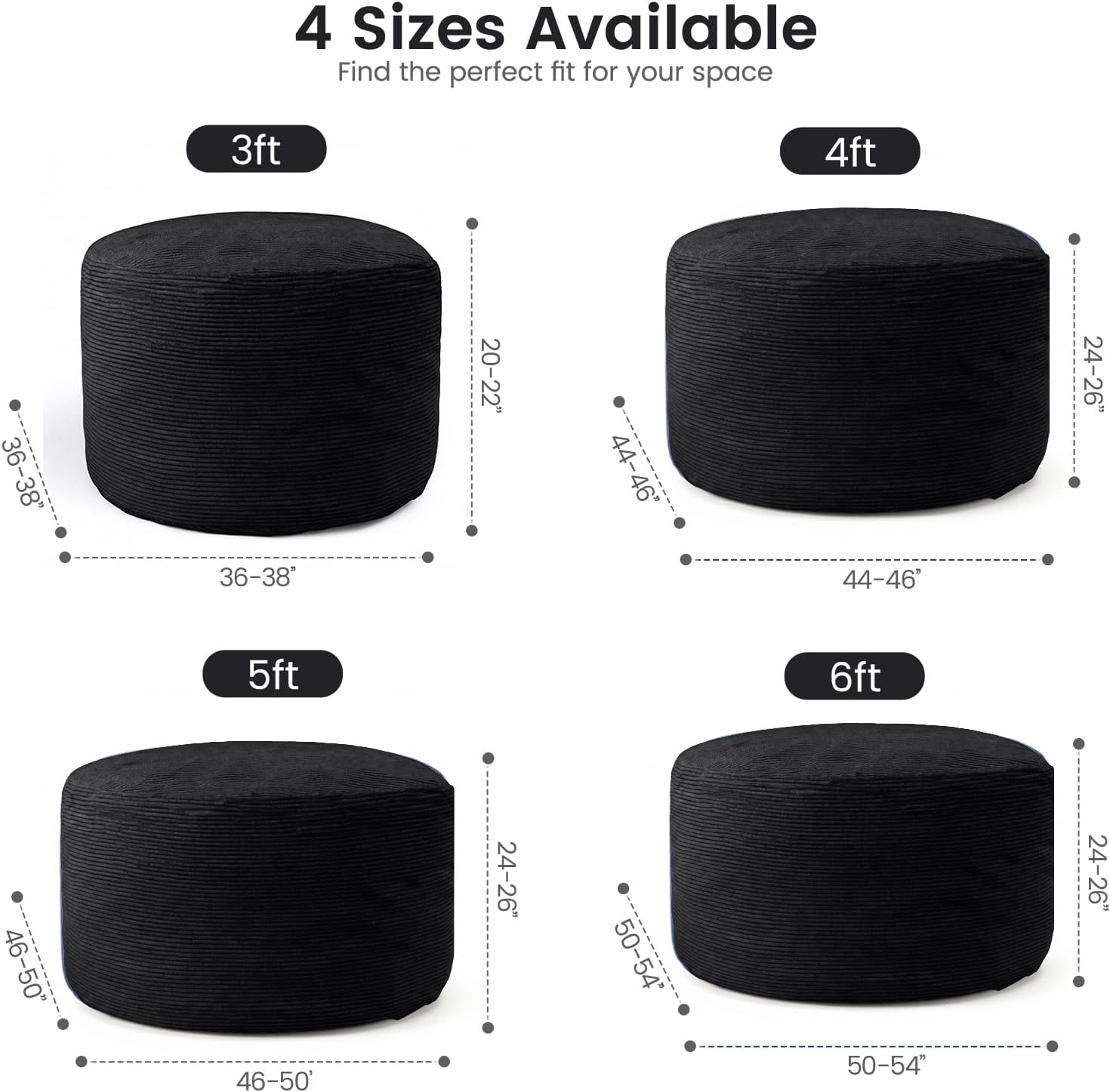 Bean Bag Chairs for Teens, 3FT Bean Bag with Memory Foam Filling, Bean Bag Chairs with Plush Microfiber Removable Cover, Cozy Sofa for Reading, Gaming- Black