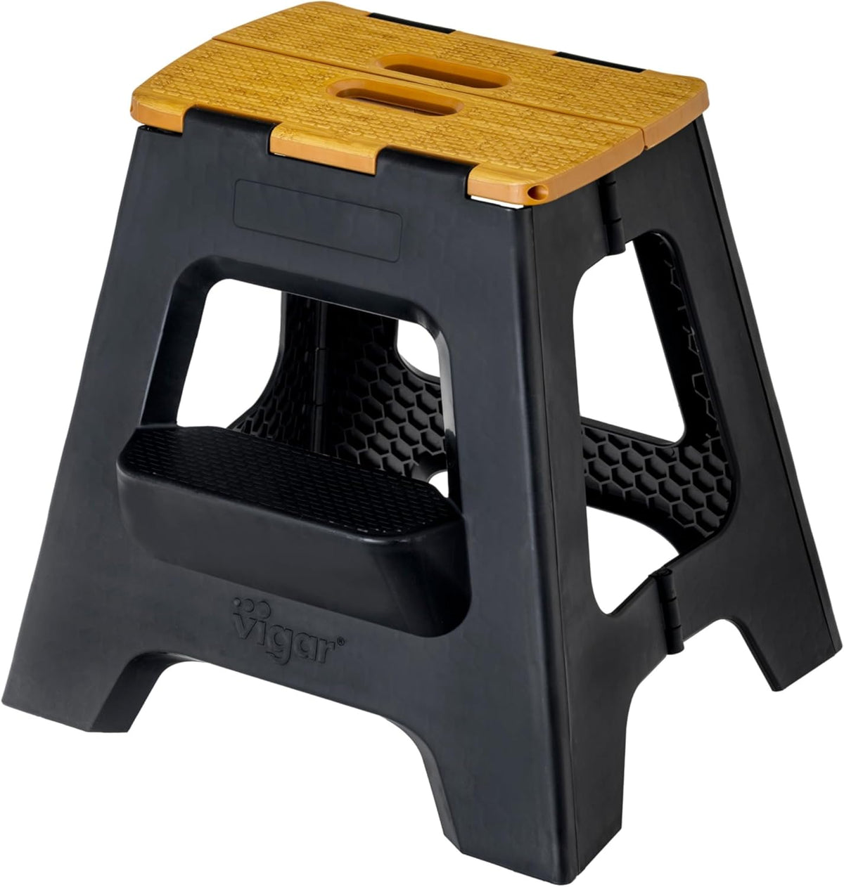 Vigar Compact Folding Step Stool, 16 in 2 Step, Black Bamboo Print | 16 in Foldable Stool, Lightweight Portable Design, Handle, Non Slip Surface, Space-Saving, Supports up to 330 lb