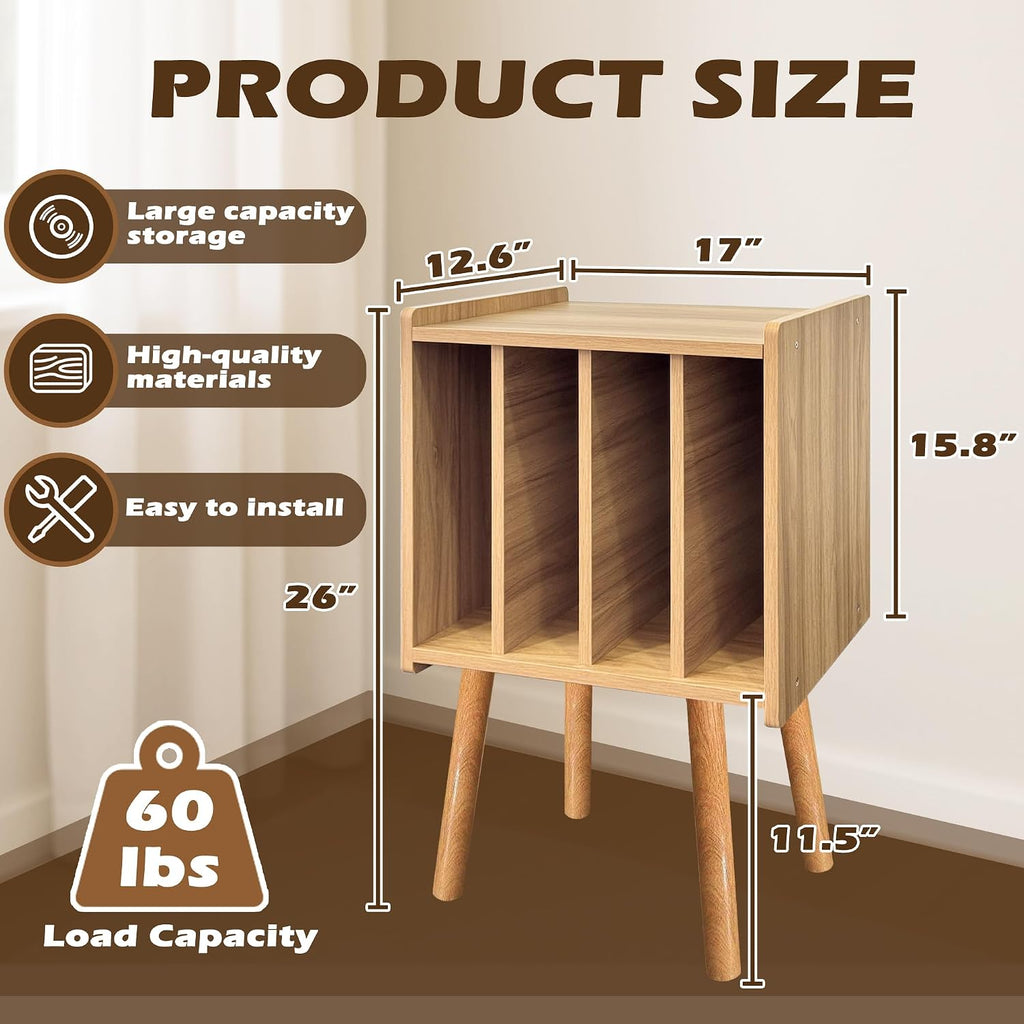 Record Player Stand, Vinyl Record Storage Table with 4 Cabinet, Mid Century Modern Turntable Stand, Organizer Vinyl Table for Bedroom Living Room, Oak