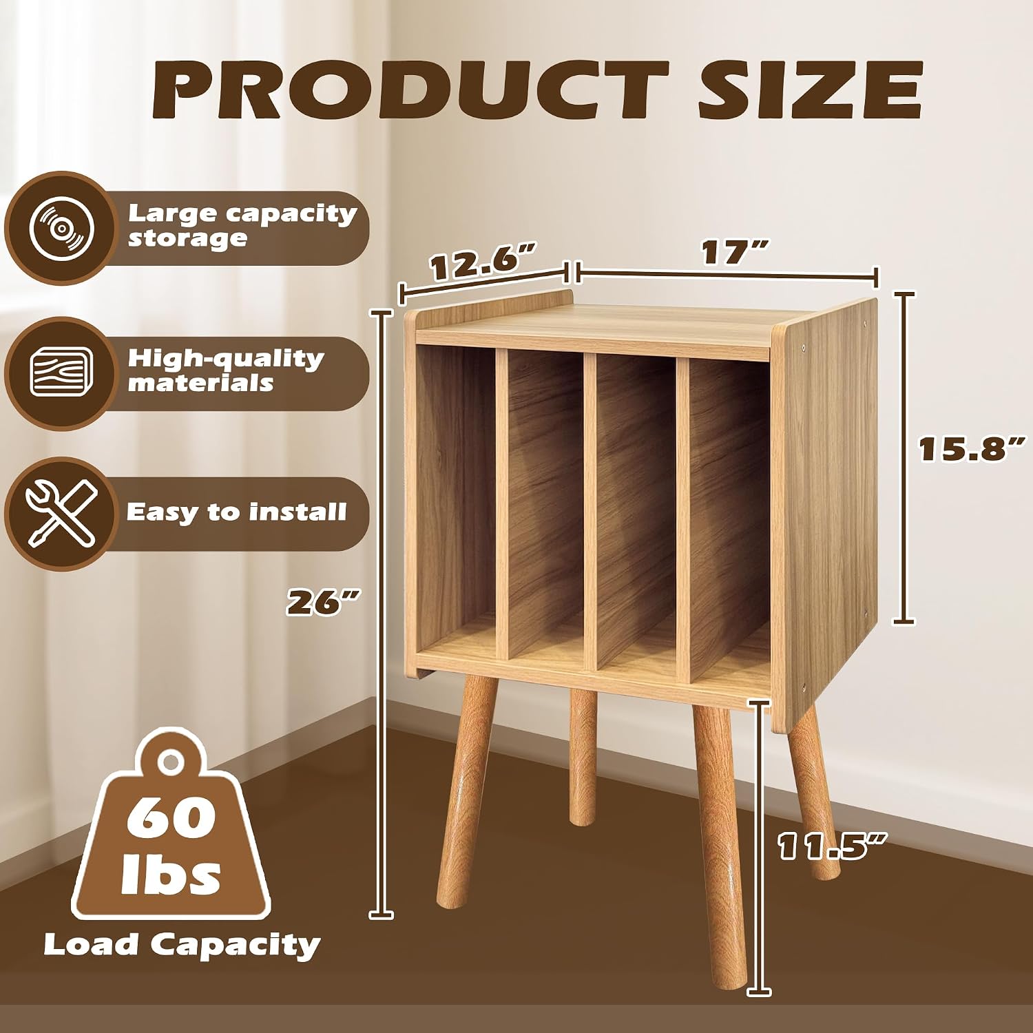 Record Player Stand, Vinyl Record Storage Table with 4 Cabinet, Mid Century Modern Turntable Stand, Organizer Vinyl Table for Bedroom Living Room, Oak