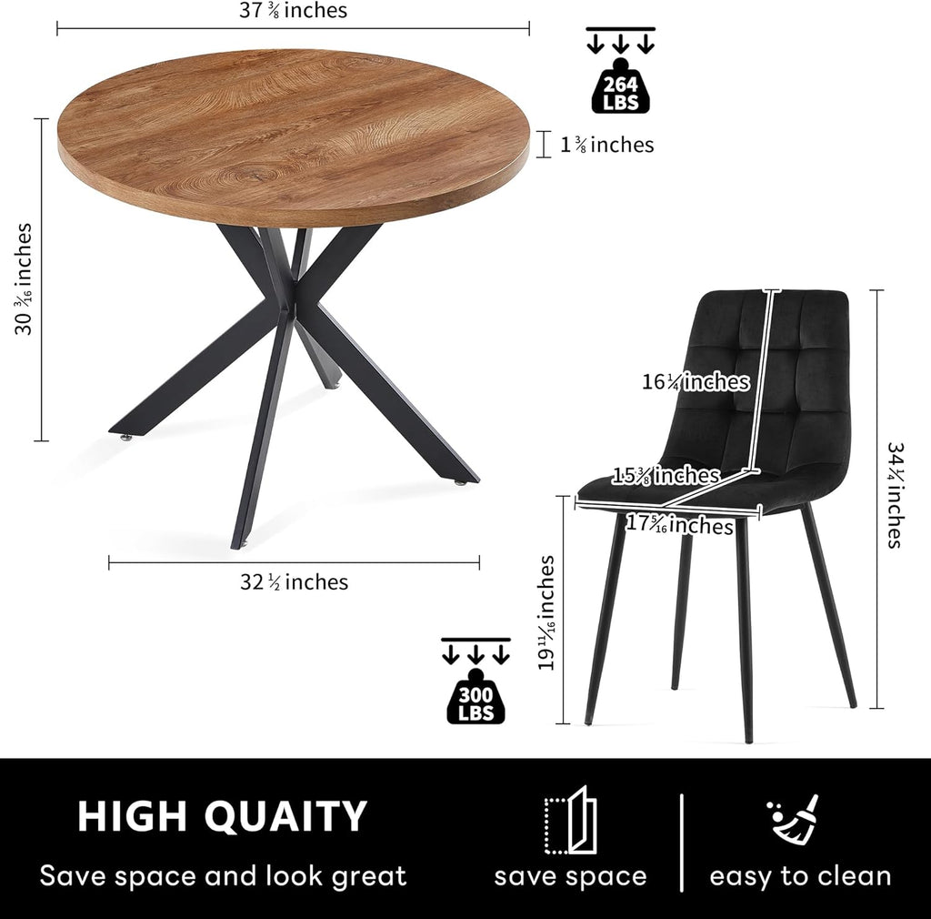 Homedot 37-Inch Round Kitchen Dining Room Table Set for 4, Modern Mid-Century Brown Dining Table with Black Velvet Chairs Set, Small Dining Set for Restaurant/Dining Hall