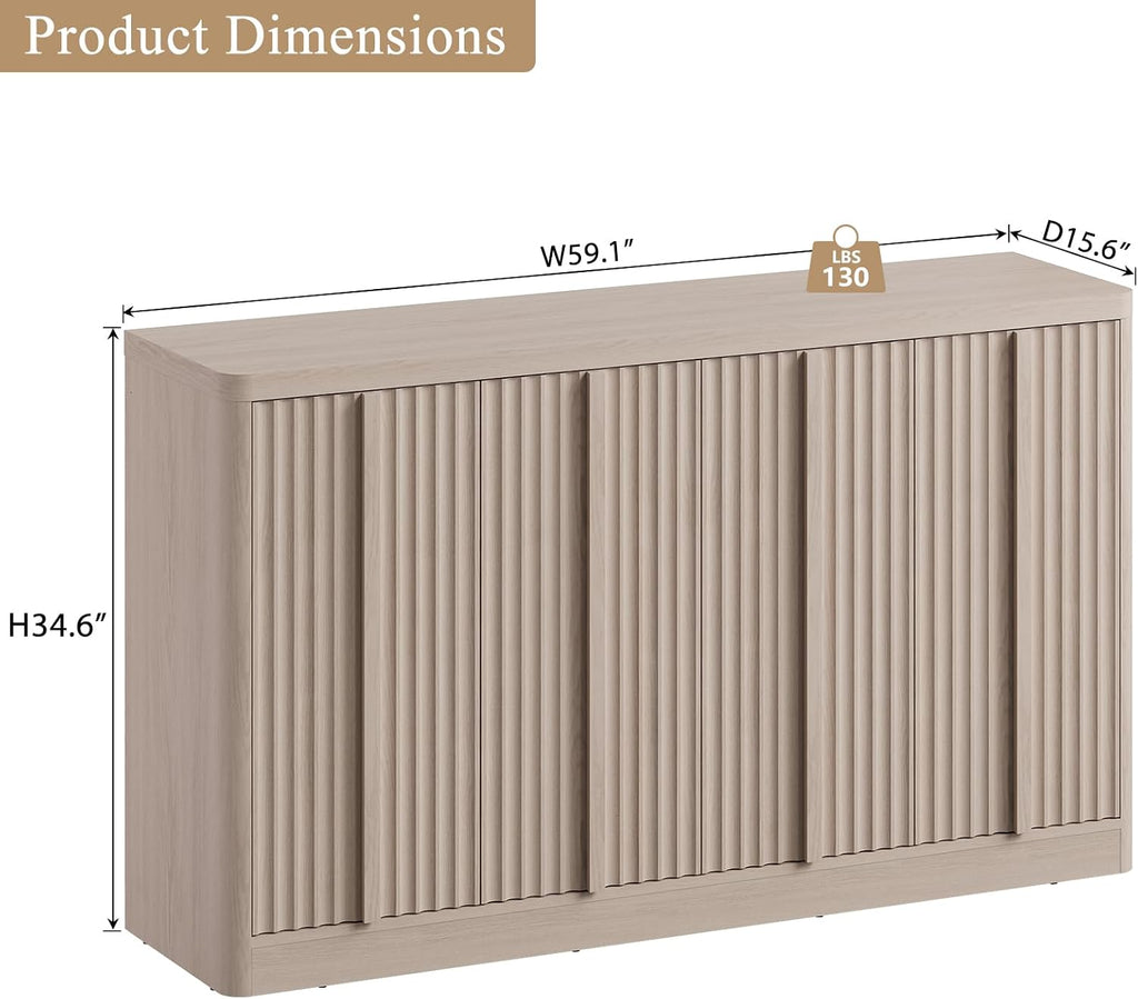 Fluted Buffet Cabinet with Storage, 120" Sideboard Buffet Storage Cabinet with 8 Doors & Solid Wood Handle, Coffee Bar Wood Credenza Cabinet for Kitchen, Living Room, Hallway, White Alder(2PCS)