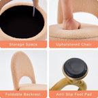Vanity Stool Chair with Storage and Folding Back, Round Ottoman, Multifunctional Upholstered Makeup Chair, 4 Metal Legs with Anti-Slip Feet for Bedroom Living Room Entryway