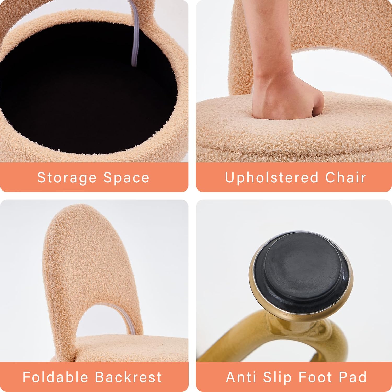 Vanity Stool Chair with Storage and Folding Back, Round Ottoman, Multifunctional Upholstered Makeup Chair, 4 Metal Legs with Anti-Slip Feet for Bedroom Living Room Entryway