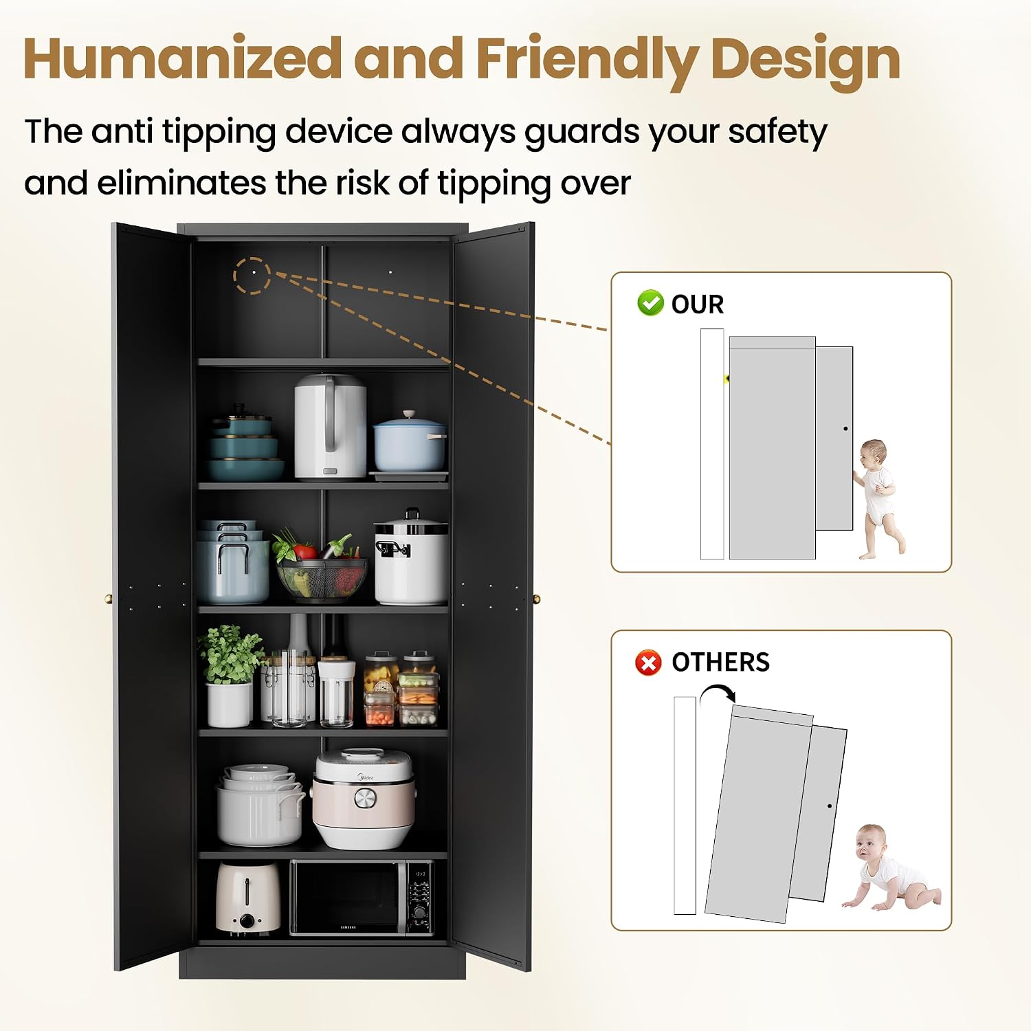 Kitchen Pantry Cabinet, 72" Tall Black Metal Storage Cabinet, Kitchen Storage with 2 Doors and 5 Adjustable Shelves, Freestanding Cupboard for Living, Dining Room and Bathroom,Assemble Required