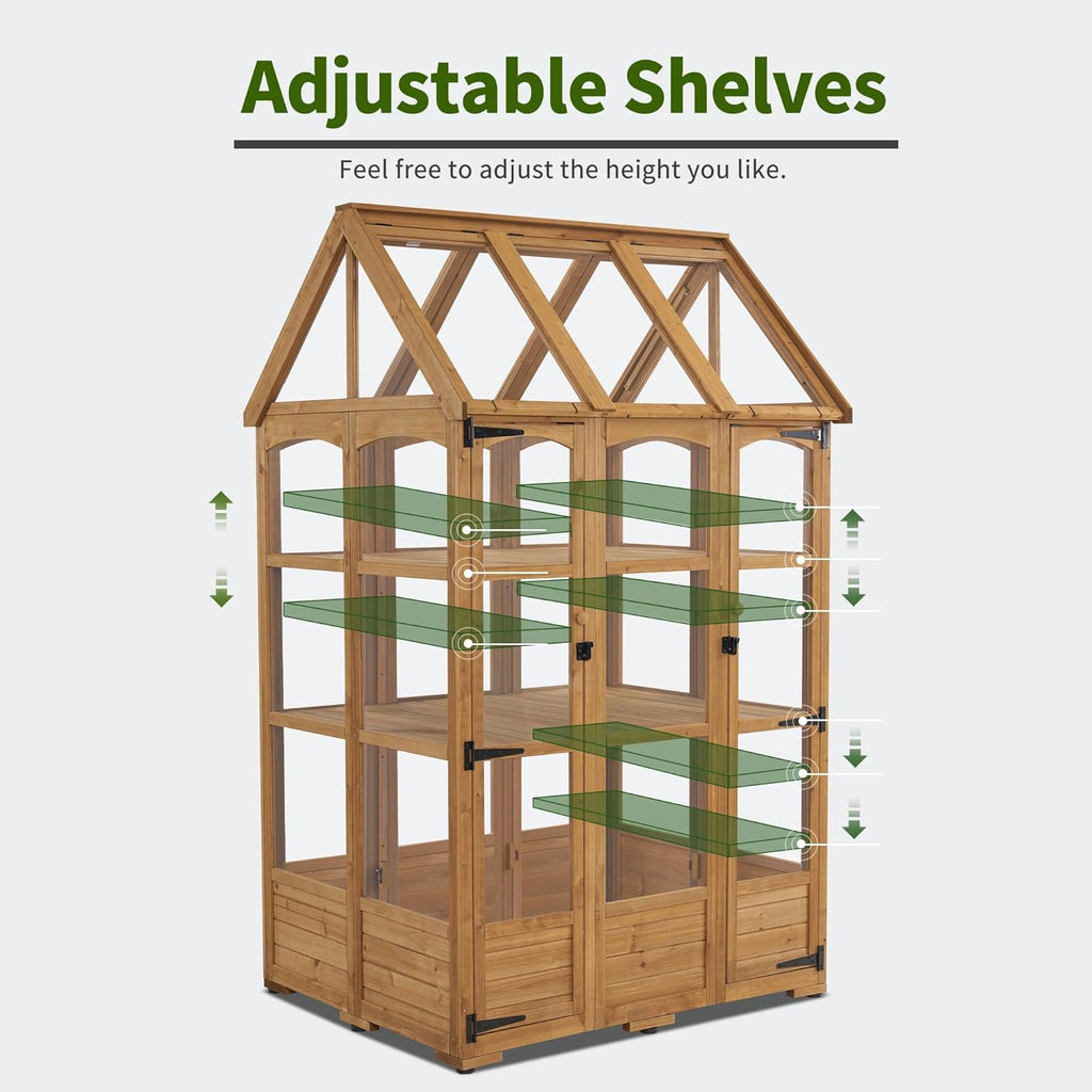 MCombo Wooden Greenhouse, Outdoor Greenhouse with Adjustable Roof Vent and 6 Lockable Door for Backyard/Outdoor Use, (48 x 38.8 x 83.9 Inches) 0851 (Natural)