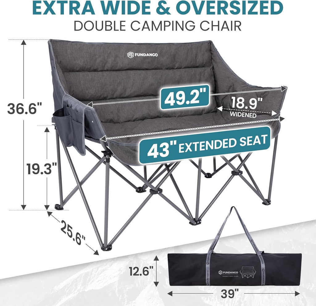 FUNDANGO Double Camping Chair, Oversized Padded Camping Loveseat for Adults, Heavy Duty Folding Camping Couch for 2 Person, Portable Outdoor Sofa with Cup Holders for Lawn, Sports, RV, Grey