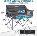 FUNDANGO Double Camping Chair, Oversized Padded Camping Loveseat for Adults, Heavy Duty Folding Camping Couch for 2 Person, Portable Outdoor Sofa with Cup Holders for Lawn, Sports, RV, Grey