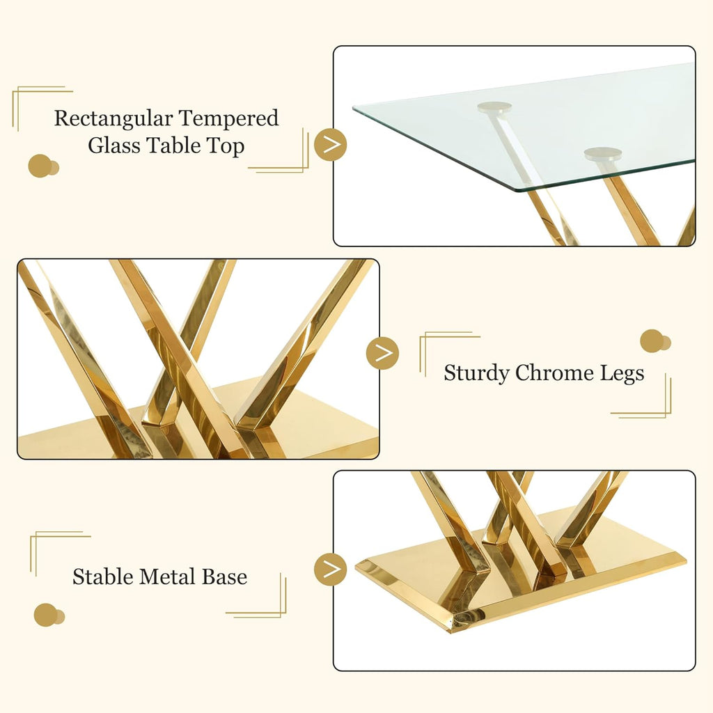 63'' Rectangular Glass Dining Table for 4-6, Luxury Kitchen Table with Tempered Glass and Aesthetic Gold Stainless Steel Base, Modern Dinner Table for Home, Apartment