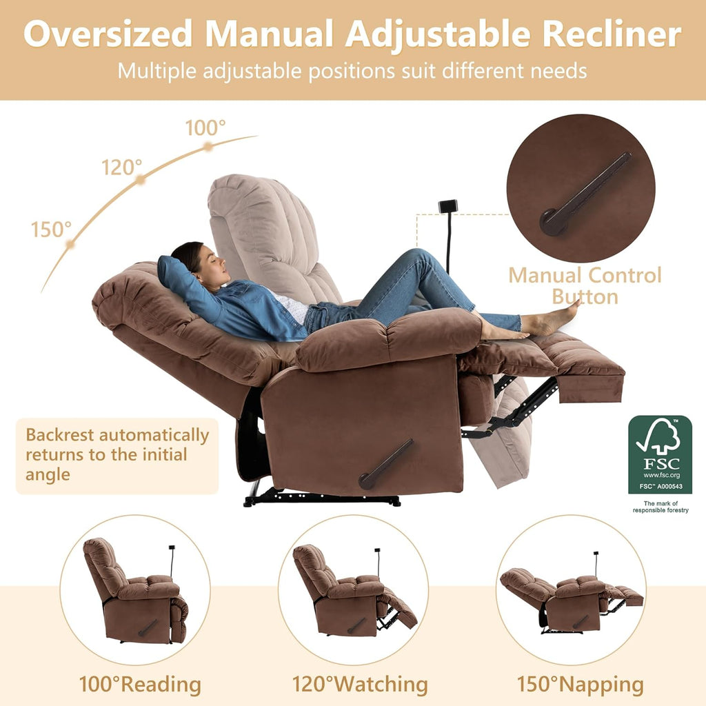 Euthymia Oversized Recliner Chair, Large Recliner Chair Chairs for Adults 400LBS, Big and Tall Manual Fabric Heavy Duty Recliner Chair, Extra Wide Recliners for Living Room, Brown